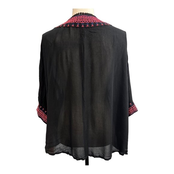 Liquorish Kimono Womens S/M Black Gauzy Pink Embroidered‎ Trim Cover Up Boho - Picture 2 of 6